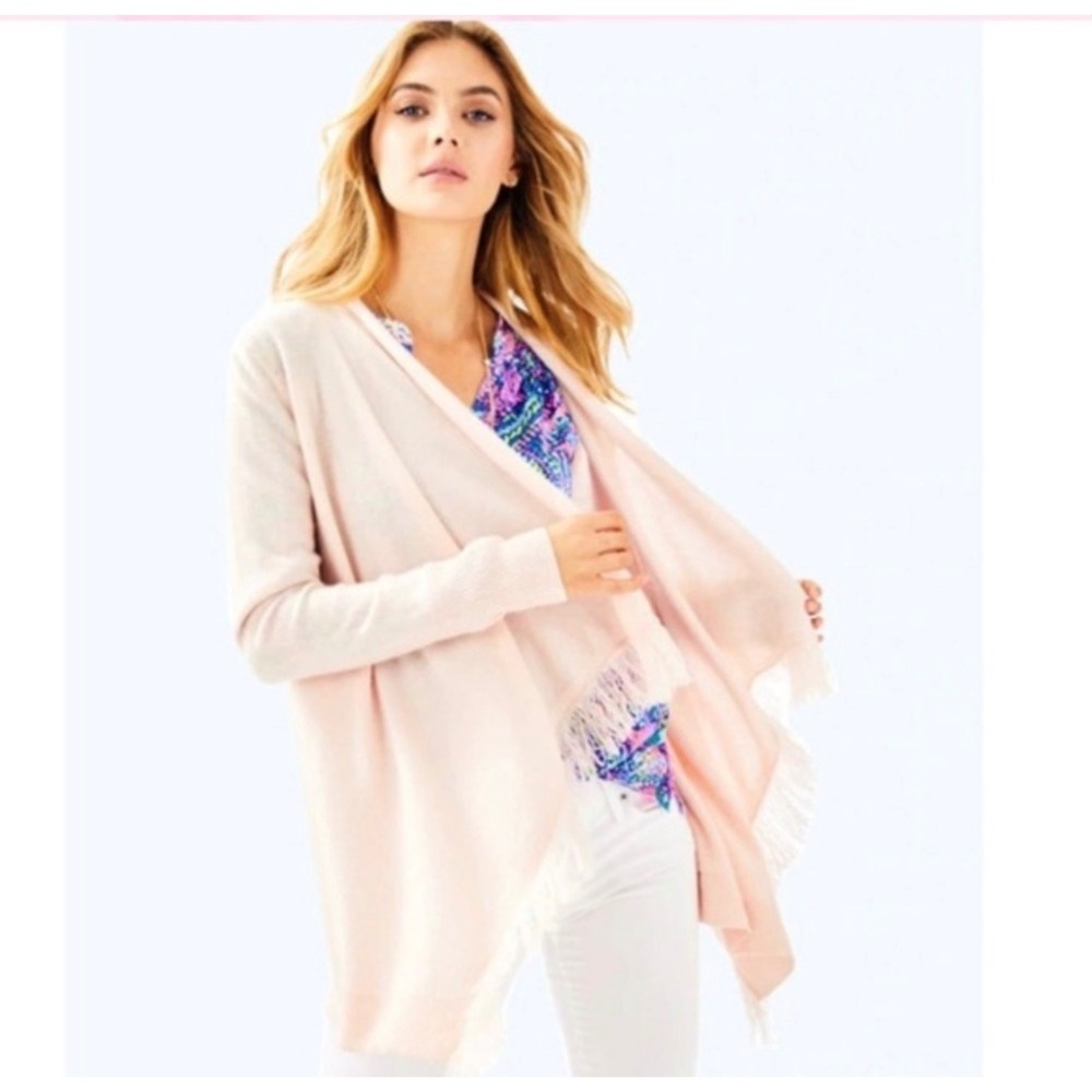 Lilly Pulitzer Inglewood Cardigan XS 100% Cashmere Blush Pink Fringe Waterfall
